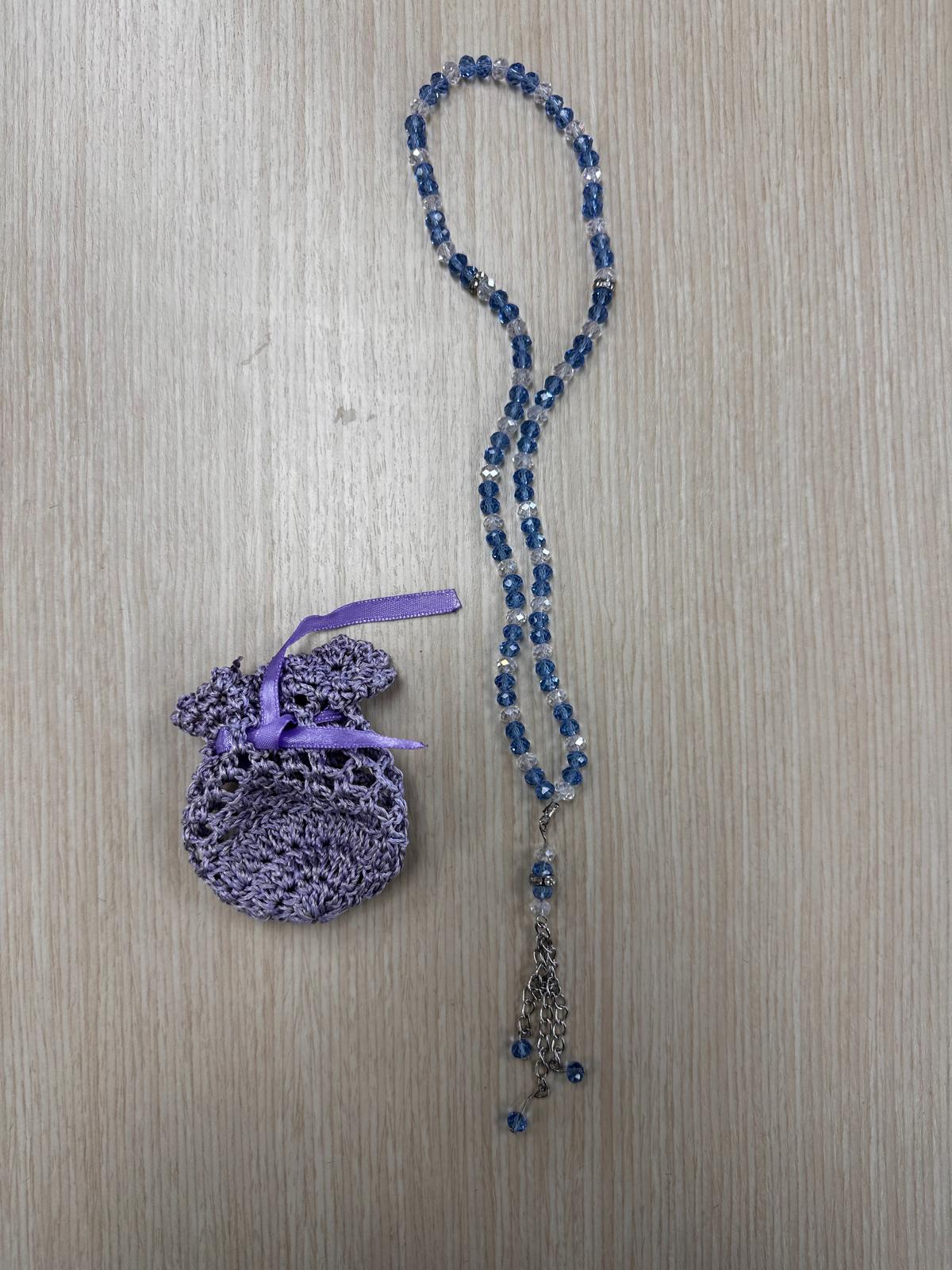 Blue and Clear Small Dhikr Beads in Handmade Crocheted Case