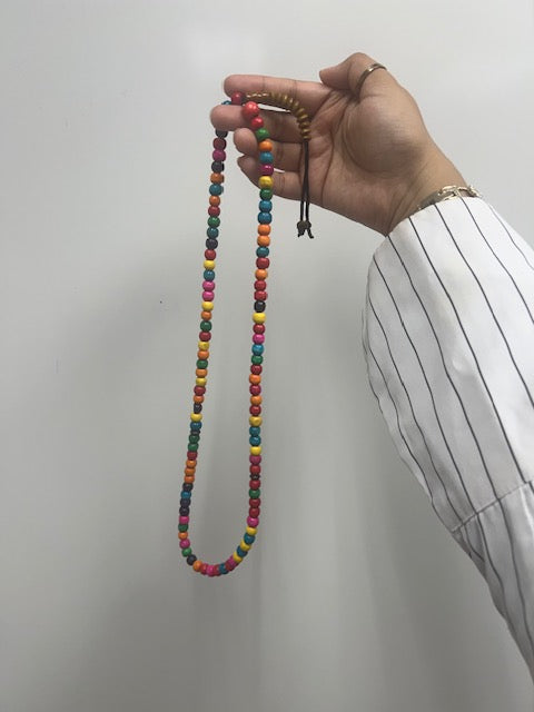 100 Dhikr Wooden Beads with brown ends (Bright Rainbow Colored)