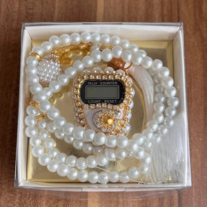White Pearl Digital Zikr Clicker and Tasbih Beads (Gift Set of 2)