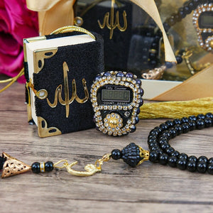 Black Digital Zikr Clicker, Tasbih Beads and Mini Quran (Gift Set of 3)
