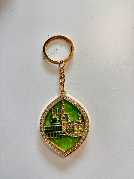 Gold and Green Makkah & Madinah Teardrop Keychain