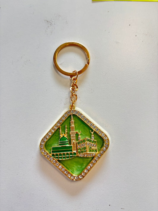 Gold and Green Makkah & Madinah diamond-shaped Keychain