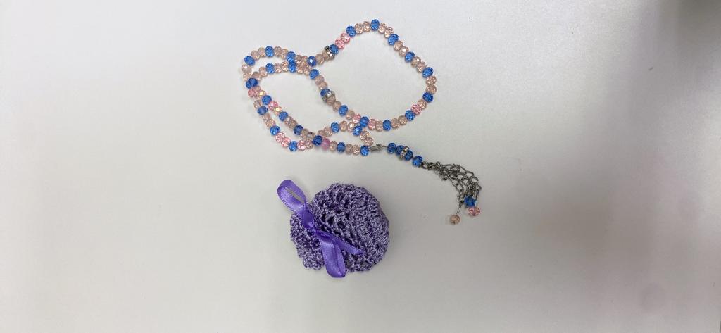 Pink and Blue Small Dhikr Beads in Handmade Crocheted Case